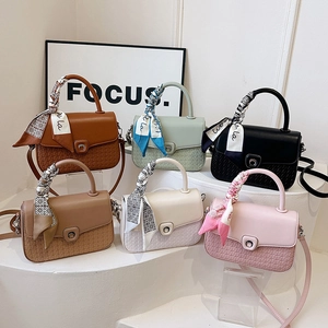 Women Fashion Shoulder Crossbody Bag PU Leather Woven Texture Stitching Satin Scarf Decor Metal Buckle Handbag