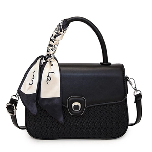 Classic black leather handbag with scarf-wrapped handle and silver buckle on white background