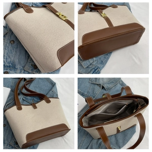 Detailed four-view composite of canvas bucket bag with brown leather trim and metal lock