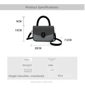 Detail view of small square crossbody bag showing dimensions 20x7.5x15cm and gray texture