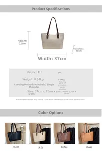 Detailed size chart and dimensions of the large capacity PU leather tote bag in four colors