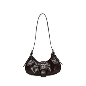 Vintage dark brown patent leather croissant bag with metallic buckle accent