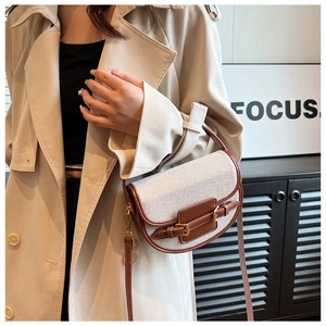 Detail of canvas saddle bag with brown leather trim and metallic buckle closure
