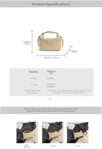 Size chart showing dimensions and specifications for the straw woven crossbody bag
