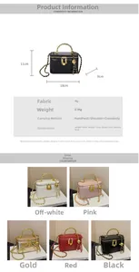 Size chart for quilted mini box bag with dimensions 18x11x9cm and PU material details