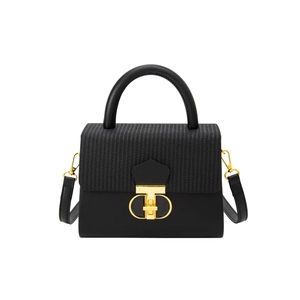 Elegant black crossbody bag with textured leather panel and golden metal lock