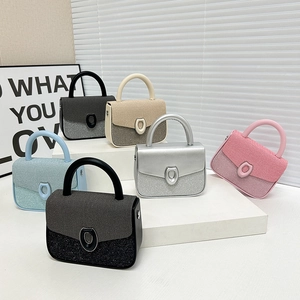 Women Crossbody Handbag PU Leather Glitter Stitching Metal Buckle Small Square Bag Contrast Color Adjustable Strap Chic Fashionable