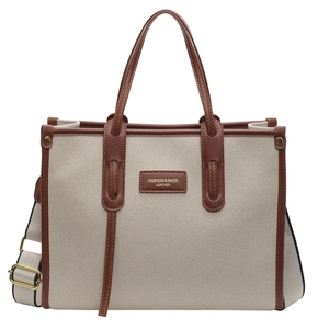 Large capacity canvas tote bag with contrast leather trim and adjustable shoulder strap