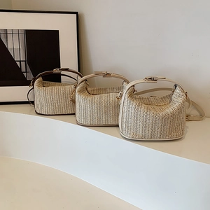Woven Straw Handbag For Women PU Leather Trim Shoulder Crossbody Bag Summer Beach Vacation Fashion