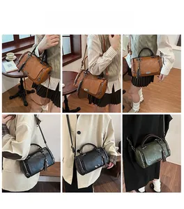 Collage of retro Boston bags with fringe tassels in brown, black, and green colors