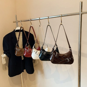 Vintage Punk Hobo Bag For Women PU Leather Motorcycle Underarm Shoulder Handbag With Metal Buckles Grommet Straps