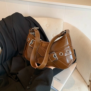 Retro dark brown patent leather underarm bag with silver buckles and punk straps