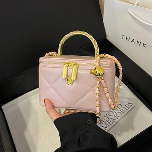 Pink quilted leather box bag with gold chain strap and metal handle for women