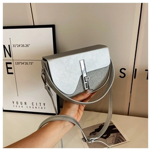 Detail of silver saddle bag showing matte leather flap and glittery bottom panel texture