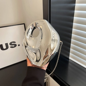 Irregular silver acrylic box bag with liquid metal texture and sleek chain strap