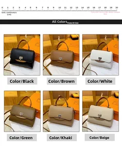 Detailed grid showing 6 stylish handbags in assorted colors with metal twist-lock closures