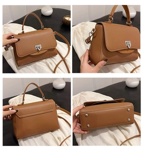 Brown textured leather square handbag showing front side back and bottom details