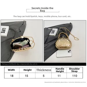 Detailed size chart for shell-shaped acrylic evening bag with pearl handle and chain