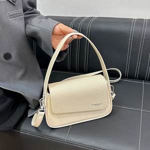 Chic cream white crossbody square bag with woven texture and fashion slogan