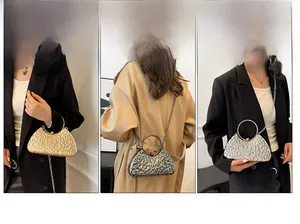 Three-frame detail of evening bags in gold, silver, and black with metal ring handles