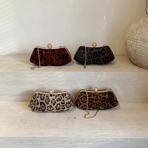 Leopard Print Evening Bag Velvet Clutch With Artificial Pearl Rhinestone Clasp Vintage Metal Frame Gold Chain Shoulder Handbag For Women
