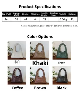 Size chart and color options for large rivet shoulder bag including khaki and brown