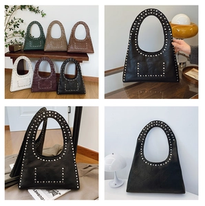 Detailed view of vintage studded shoulder bags in multiple colors with PU leather texture