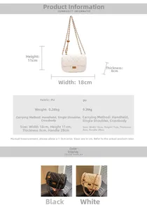 Detailed size and material guide for a quilted chain crossbody bag with PU leather finish