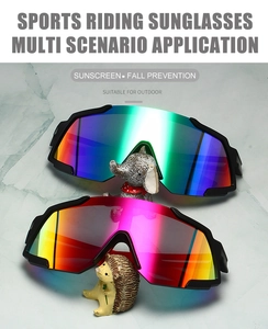 Detail of cycling sunglasses with rainbow mirrored coating and large frame for outdoor sports