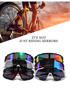 Close-up of colorful cycling sunglasses showing large frame windproof wrap design