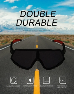 Detail of durable large frame cycling sunglasses with red anti-slip temple tips