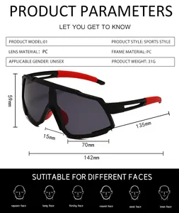 Size chart and technical specifications for large frame cycling sports sunglasses