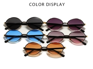 Multiple colors of oval metal sunglasses showing blue pink and orange lens options