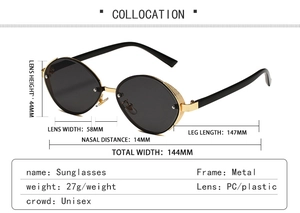 Detailed size specifications for retro oval metal sunglasses with precise dimensions