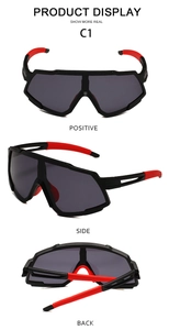 Three views of sports cycling sunglasses with black frame and red non-slip nose pads
