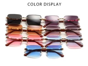 Collection of rimless square sunglasses with wood temples in seven gradient color lenses