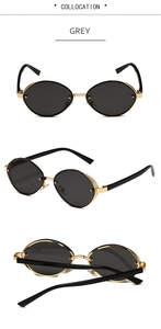 Detail view of gold metal sunglasses with grey lenses and intricate mesh side detailing