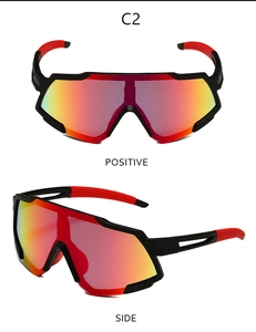 Detailed views of black and red cycling sunglasses with red-orange mirrored lenses