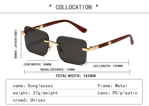 Detailed size chart for rimless wood-grain sunglasses with lens and frame measurements