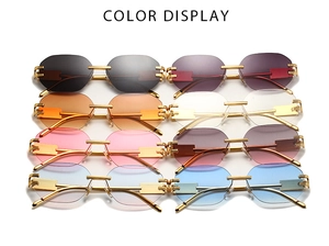 Collage of rimless polygon sunglasses with gold metal temples in eight vibrant lens colors