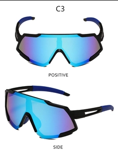 Detailed front and side views of oversized cycling sunglasses with blue mirror lenses