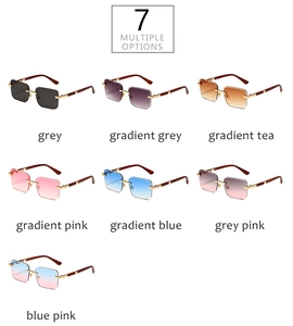 Collection of seven rimless wood grain sunglasses with gradient lenses in a grid view