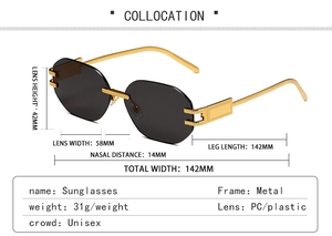 Detailed size specifications of rimless octagonal sunglasses with gold metal temples