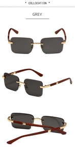 Three-angle view of rimless rectangular sunglasses with wood grain temples and grey lenses