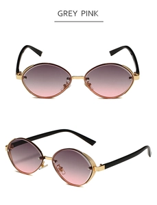 Detailed views of grey pink gradient oval sunglasses with side metal mesh shields