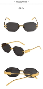 Three views of grey rimless sunglasses with gold textured bridges and temple details