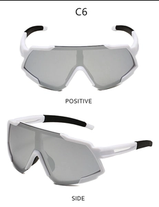 Positive and side view of white frame cycling glasses with grey UV400 lens and rubber tips