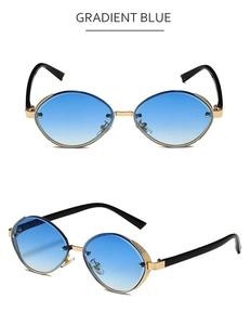 Detail of gradient blue lenses and golden metal frames with side mesh texture on sunglasses