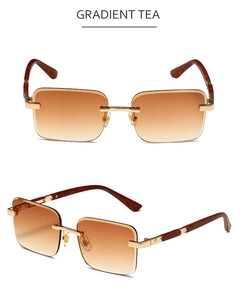 Detail of rimless square sunglasses featuring gradient tea lenses and wood grain temples