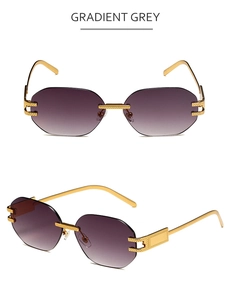 Detail of rimless octagonal sunglasses with gradient grey lenses and golden metal frame